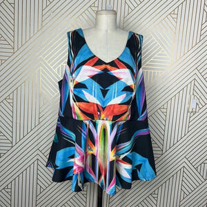 City Chic Prism Printed Peplum Blouse Black Blue Rainbow Size XL / Plus‎ Size 22